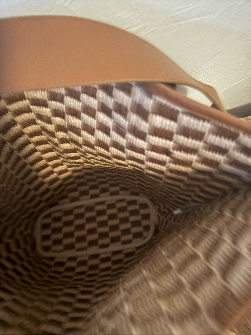 By Anthropologie Raffia Checkered Angular Tote Bag & Matching Pouch Set - Picture 3 of 4
